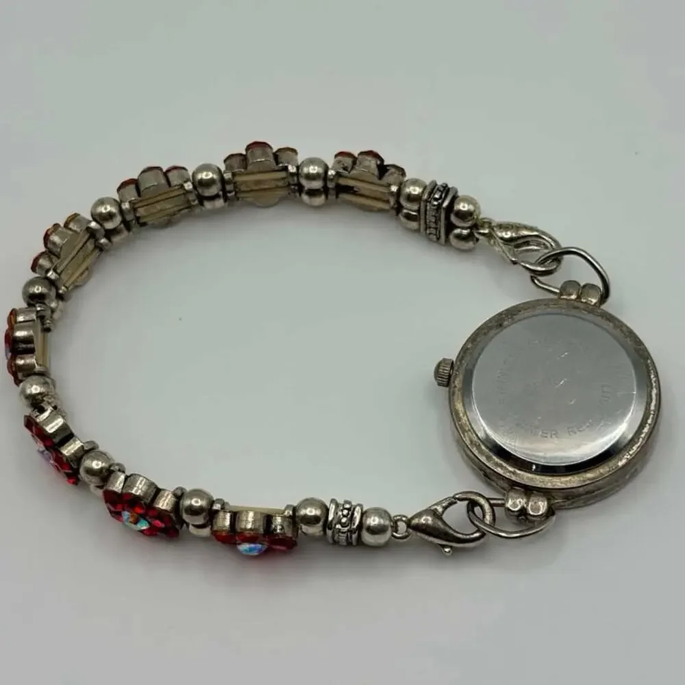Silver & Red Floral Geneva Watch